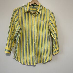 Lauren Ralph Lauren 100% Linen Top Women’s  M Yellow Blue Stripe 90’s Preppy